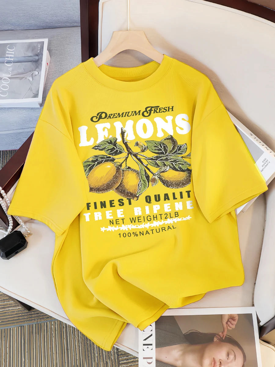 Lemons Fruits Premium Fresh Printing T Shirt Woman Loose Cotton Sportswear O-Neck Casual T Shirts Loose All-Match Short Sleeve