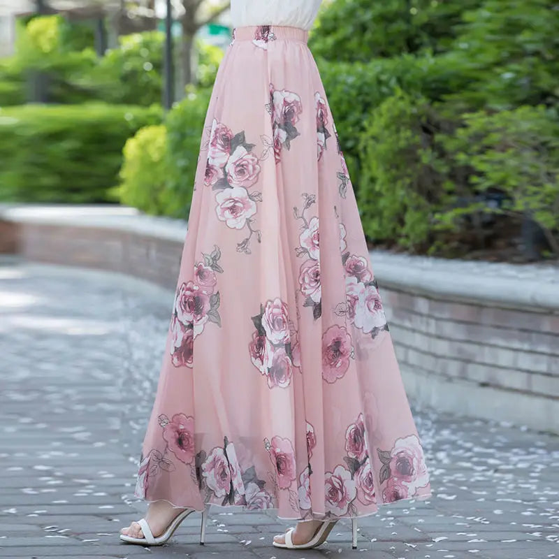 High Waist Skirts Womens Summer 2026 spring Elastic Waist Midi Full Long Skirt Print Mother Dance Skirts Swing Chiffon Skirt