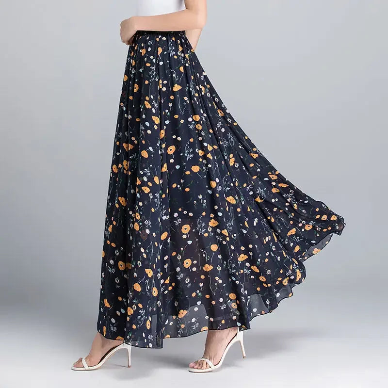 Womens Summer Autumn High Waist Skirts Elastic Waist Midi Full Long Skirt Print A-Line Mother Dance Swing Chiffon Skirt DURIKIES