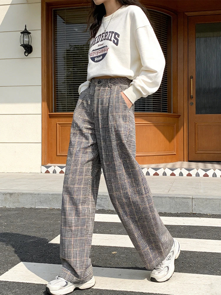 SLTNX 2026 Retro Chic Plaid Pants Women's Loose Pants Fashion Street Casual Pants Office Wear
