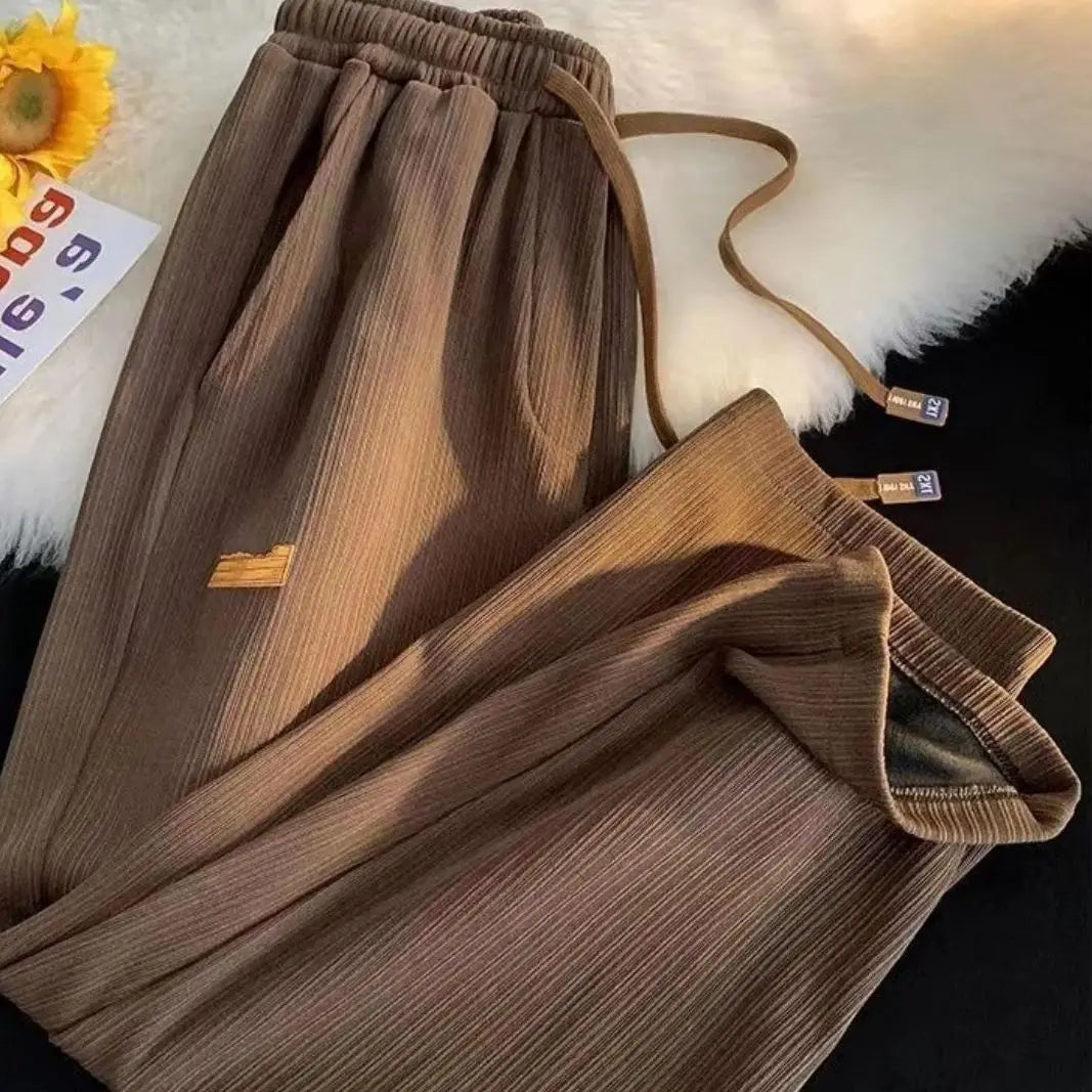 Women's Straight Pants Pleated Elastic Waist Drawstring Pocket Retro High Waisted sports Clothes Ladies' Loose Commuting Trouser
