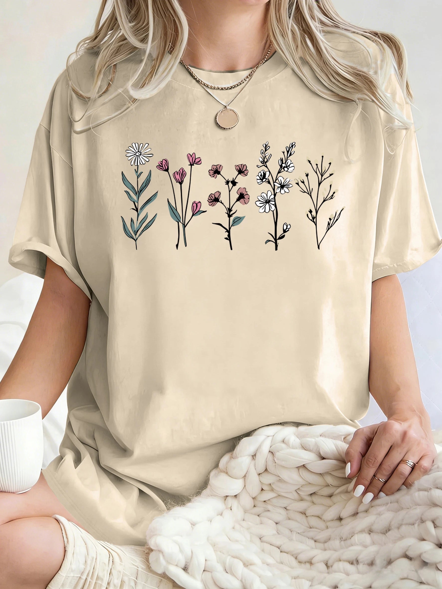 All Kinds Of Beautiful Flowers Printed T-Shirt Women Cotton Loose T Shirts All-Match Summer Clothing Comfortable Y2K Streetwear