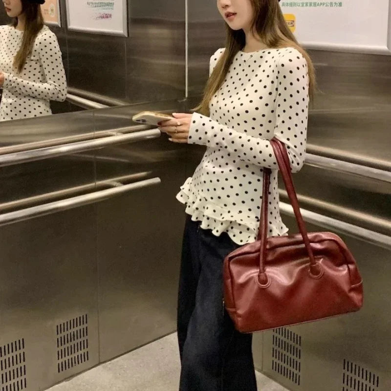 Korean Style New Ruffle Trim Long Sleeve T-Shirt For Women Polka Dot Thin Interior Top Sweet Shirts Women Clothes милый топ