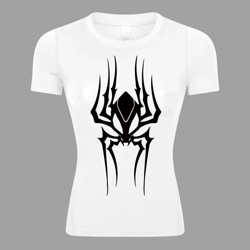 Spider Print Short Sleeve Compression Shirt for Women Athletic Running Workout Yoga T-Shirt Tees Baselayer Tops Gym Sports Gear