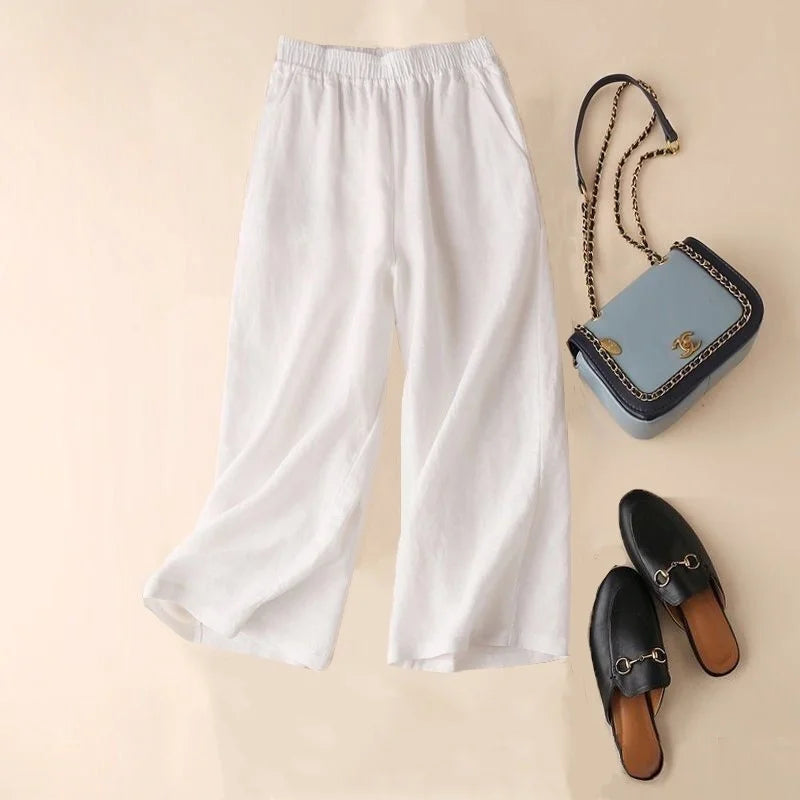 Cotton Linen Straight Leg Pants Women Summer Loose Versatile Large Size Linen Nine Points Casual Thin Ladies Trousers