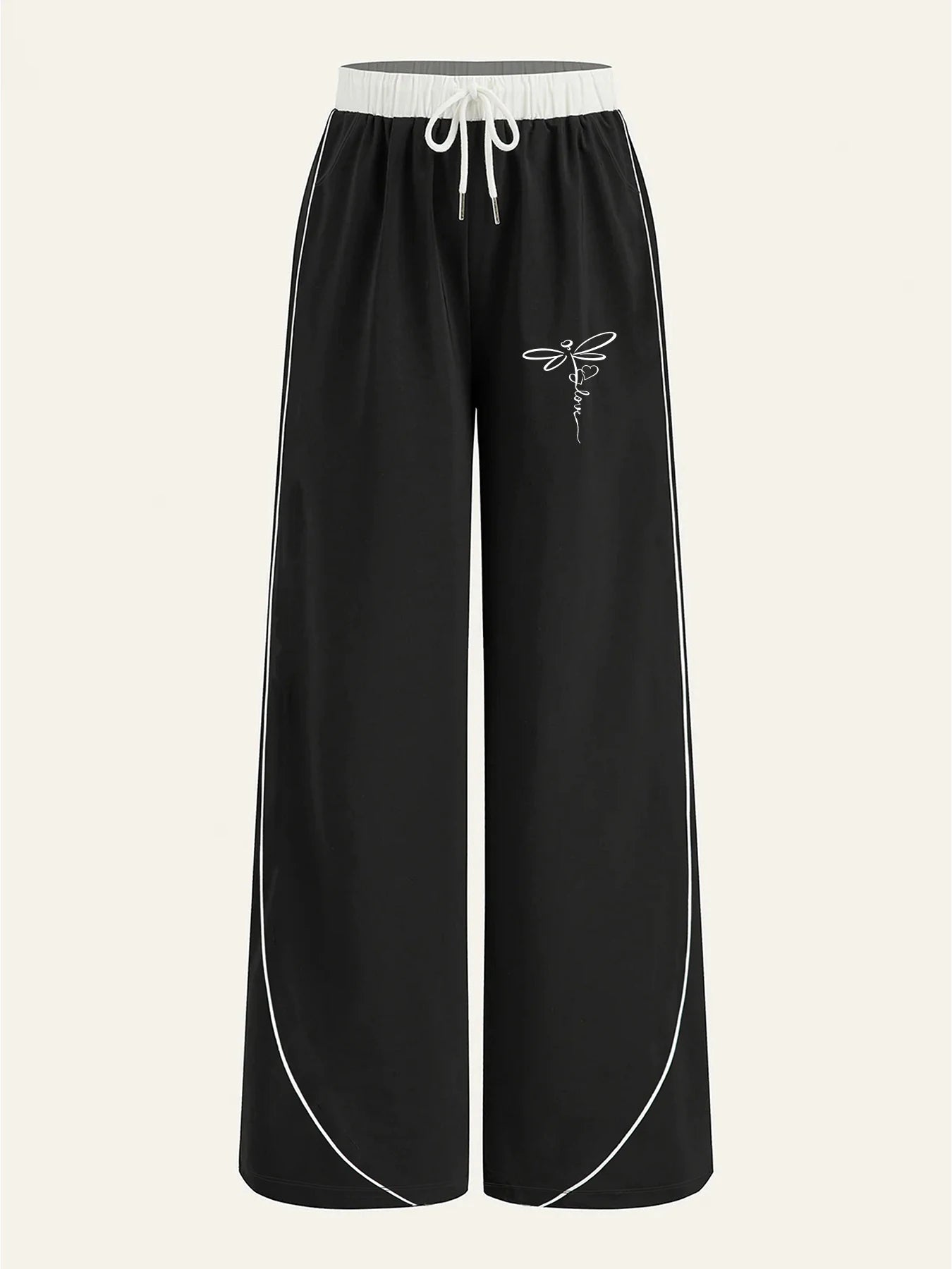 Women's Casual Pants, a Must-Have for Trendy Looks, Summer Fresh Artistic Style with Dragonfly Love Line Print, Color-Blocked Wide-Leg Casual Pants with White Side Stripe Design, Loose Fit with Strong Drape Effect, Slimming a