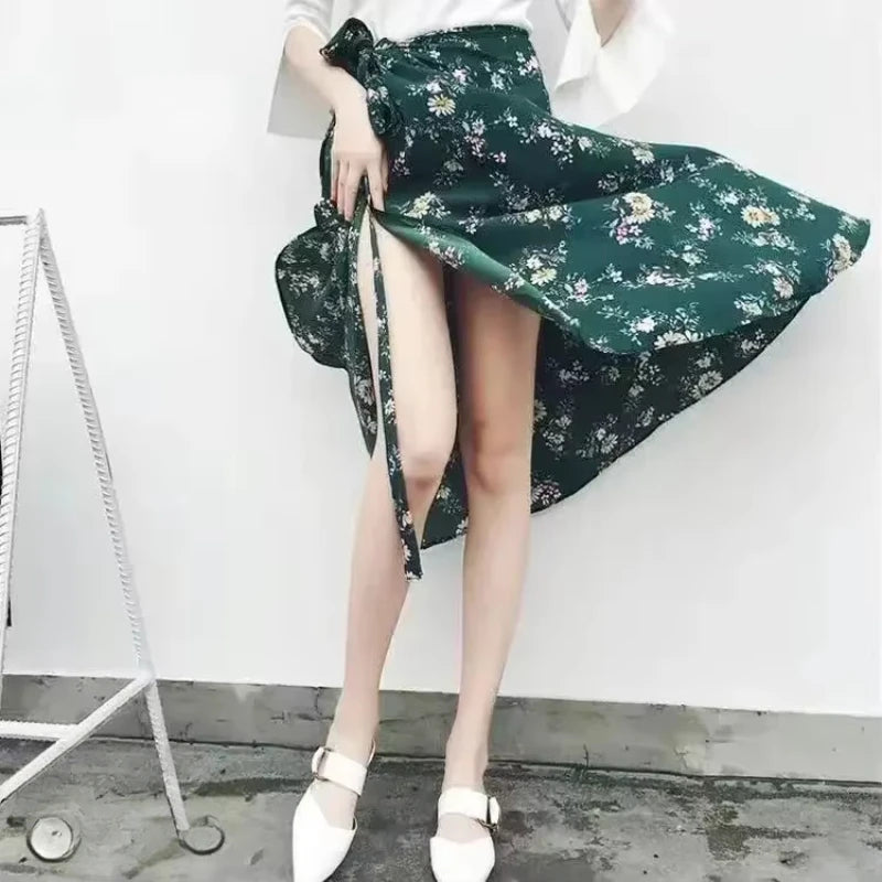 Fashion Chiffon Women Floral Print Skirt Side Tie One Piece Beach Skirts Summer High Waist Wrap Flower Long Skirt With Slit 2026