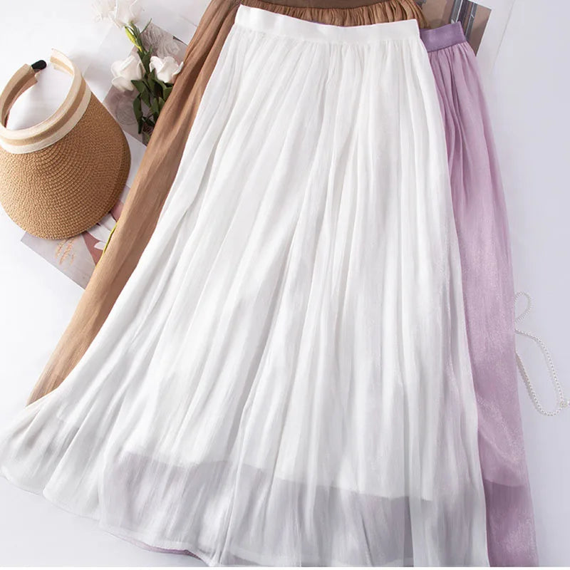Korean Fashion Women Chiffon Skirt Summer High Waist Loose Ankle-Length Skirt Female Casual All Match A Line Skirts New