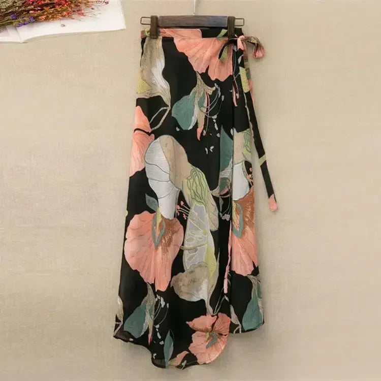 One Piece Split Print Lace Wrap Y2K Skirt Holiday Women High Waist Bodycon Skirt Irregular Beach Skirt