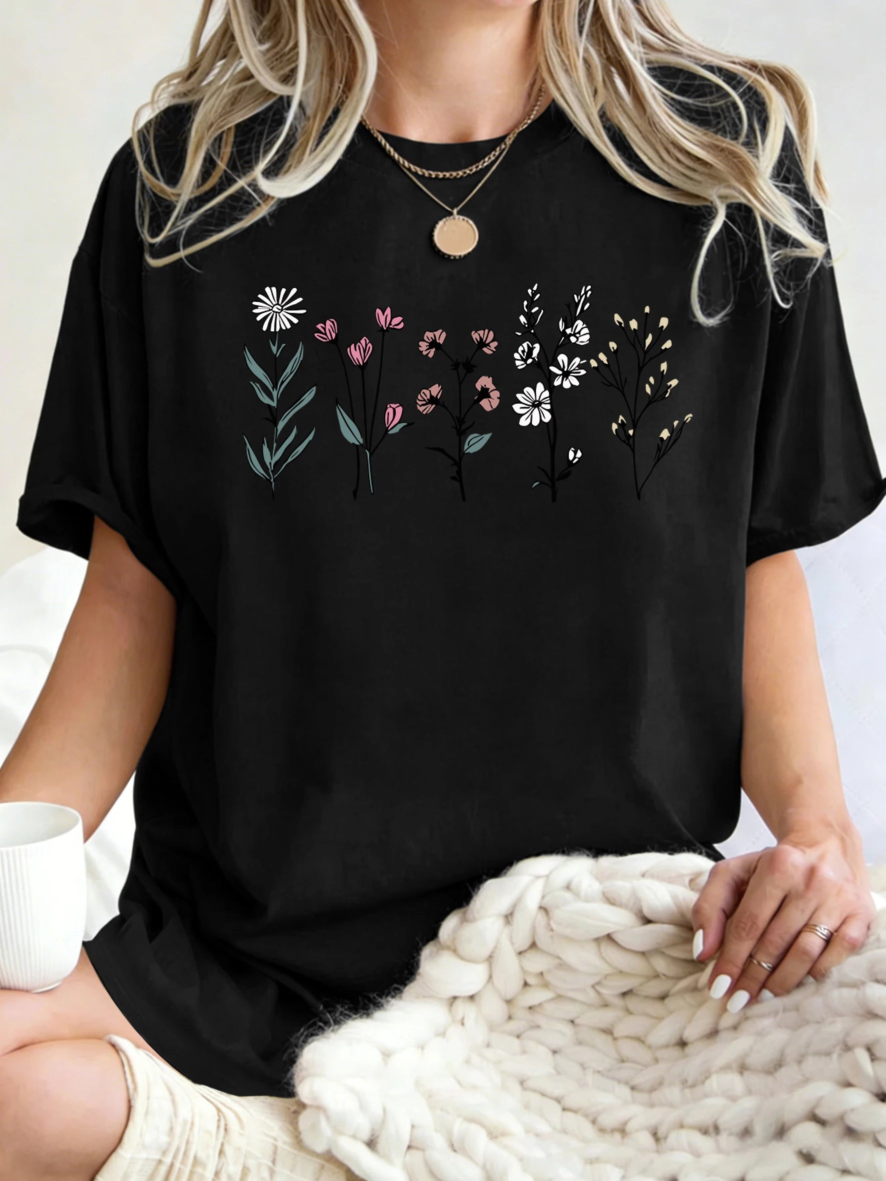 All Kinds Of Beautiful Flowers Printed T-Shirt Women Cotton Loose T Shirts All-Match Summer Clothing Comfortable Y2K Streetwear