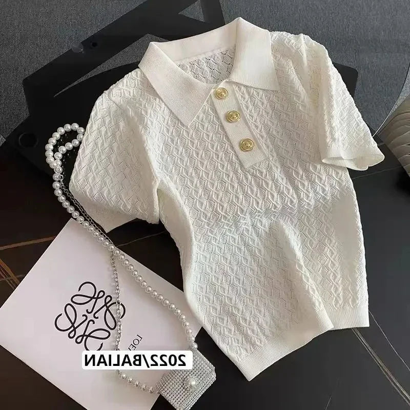 FANAN Ice Silk Polo Shirt Knitted Short Sleeve T-Shirts Lady New Chic Thin Unique Jacquard Women Tops 2025 Korean Style Clothing