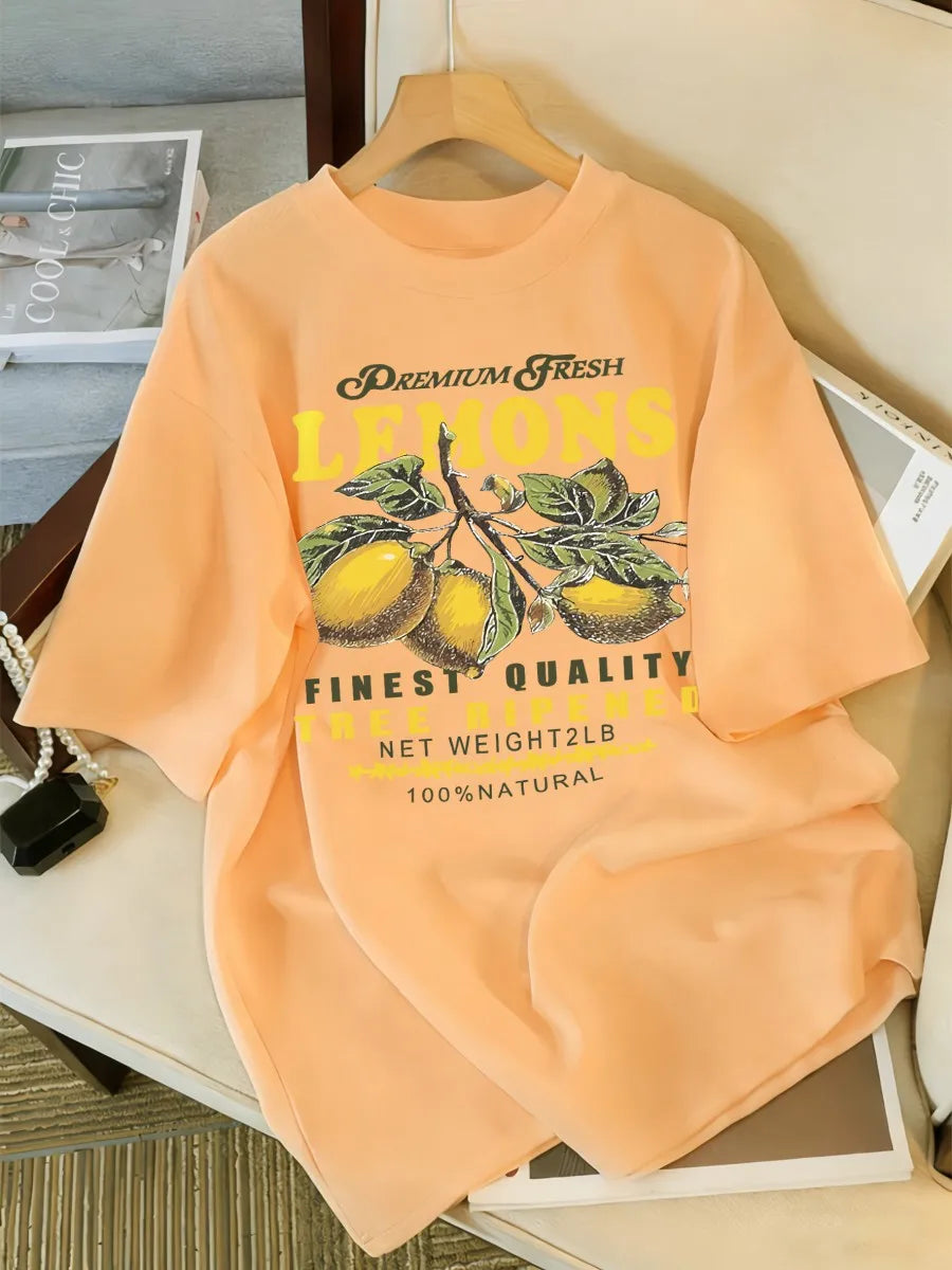 Lemons Fruits Premium Fresh Printing T Shirt Woman Loose Cotton Sportswear O-Neck Casual T Shirts Loose All-Match Short Sleeve