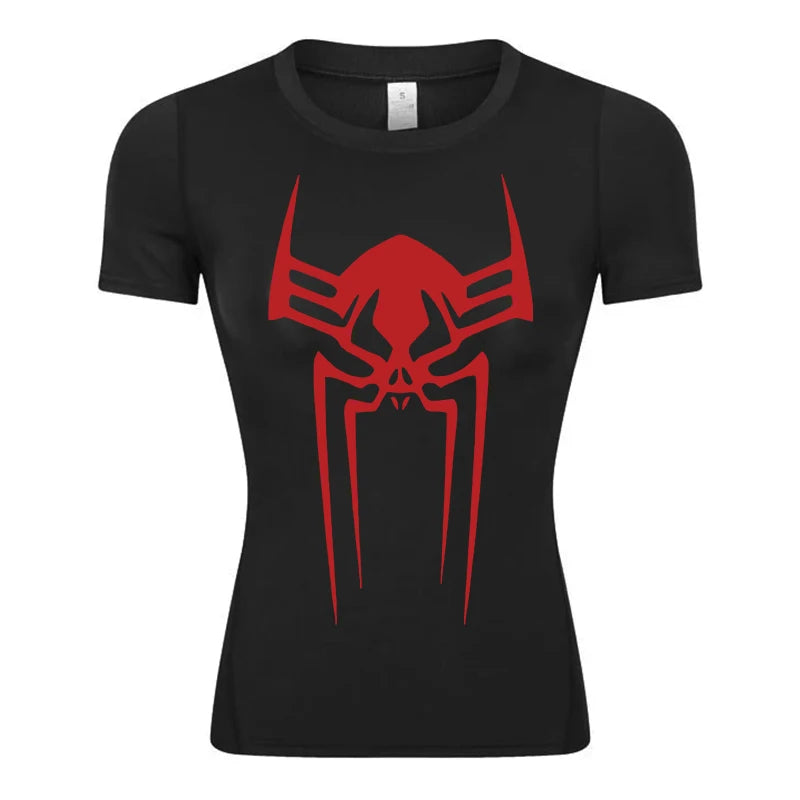 Spider Print Short Sleeve Compression Shirt for Women Athletic Running Workout Yoga T-Shirt Tees Baselayer Tops Gym Sports Gear