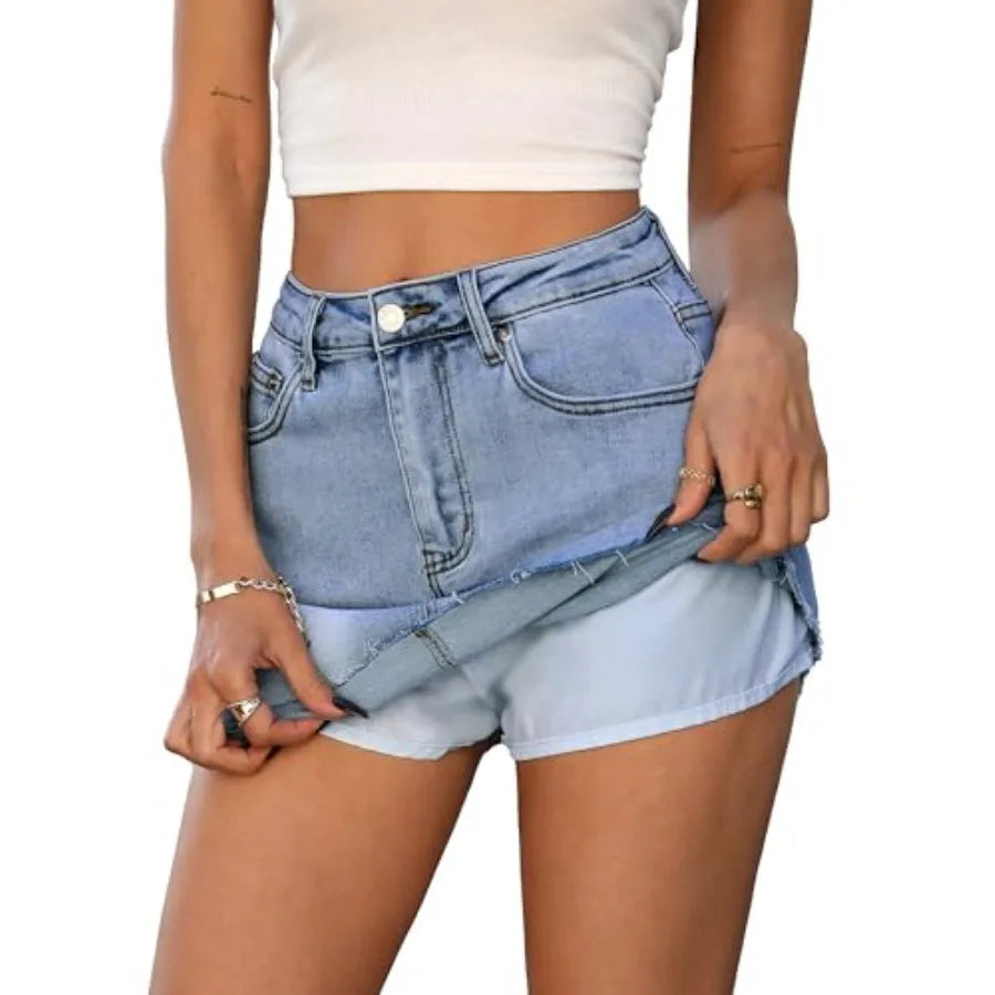 ELLEVEN Denim Skirt with Shorts Mini Skort - Casual Jean Skirts with Raw Hem and Pockets