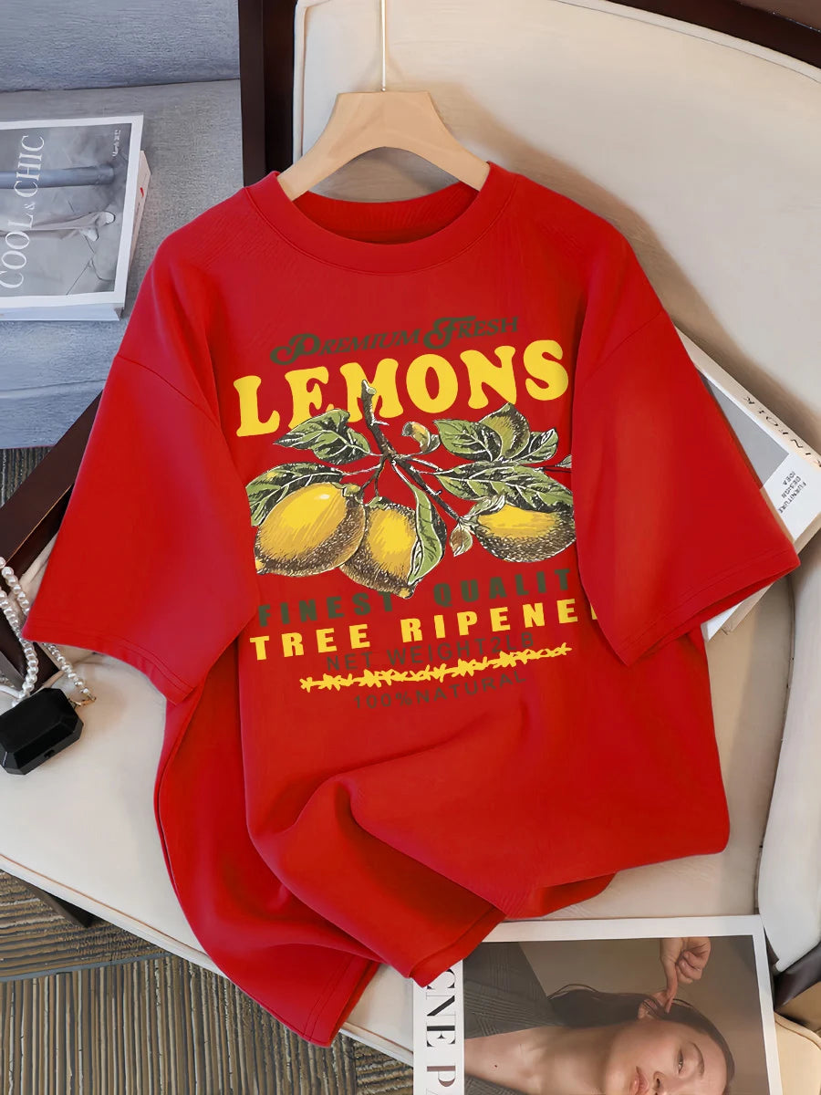 Lemons Fruits Premium Fresh Printing T Shirt Woman Loose Cotton Sportswear O-Neck Casual T Shirts Loose All-Match Short Sleeve