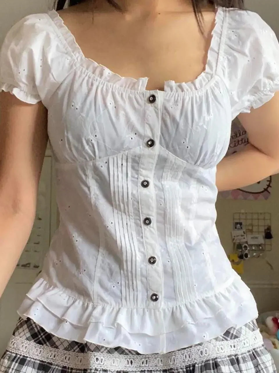 Womens Kawaii Corset Tops 2000s T-shirt Lace Trim Vintage Button V Neck Slim Tee Tops Summer y2k Shirts Harajuku