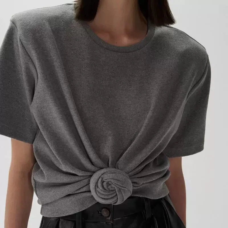 Y2K knotted twist knitted threaded round neck Top women fashionable and versatile navel padded shoulder short-sleeved T-shirt