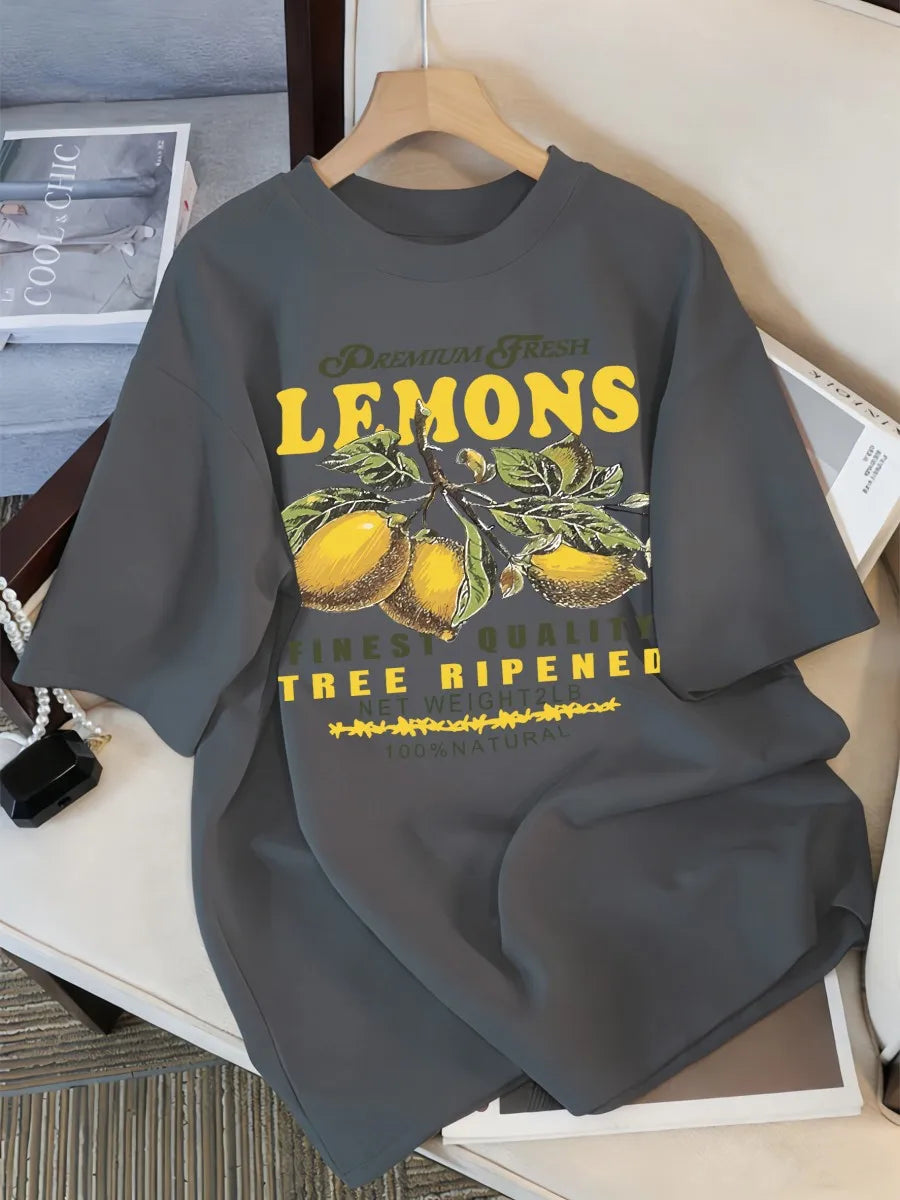 Lemons Fruits Premium Fresh Printing T Shirt Woman Loose Cotton Sportswear O-Neck Casual T Shirts Loose All-Match Short Sleeve