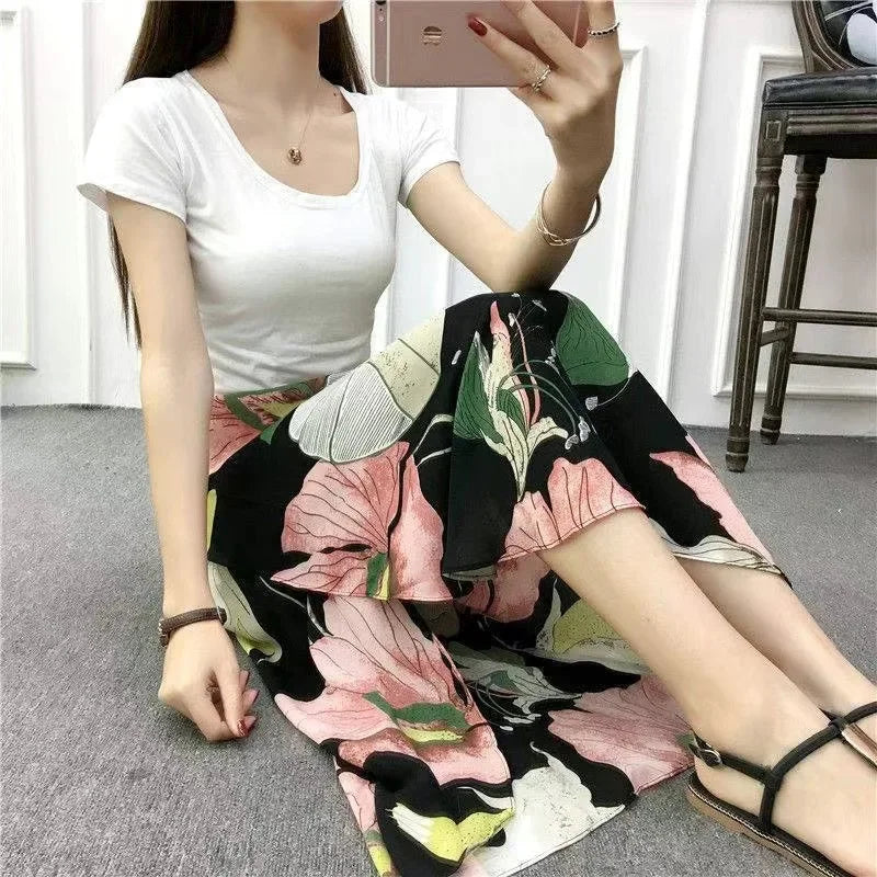 Fashion Chiffon Women Floral Print Skirt Side Tie One Piece Beach Skirts Summer High Waist Wrap Flower Long Skirt With Slit 2026