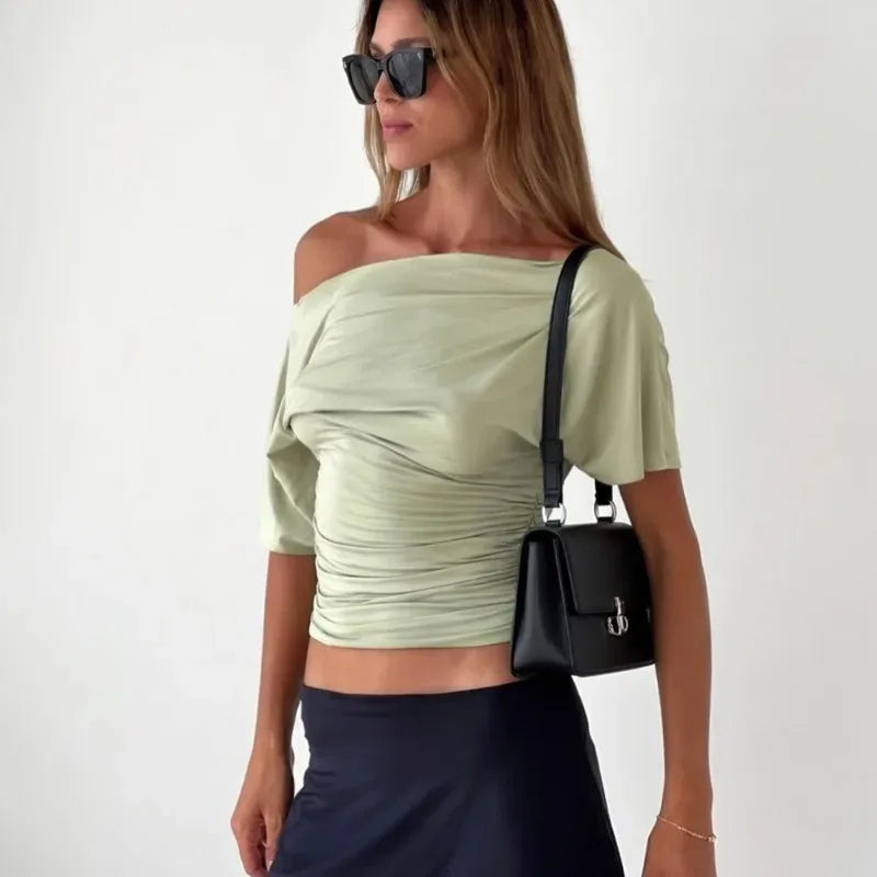 Talenza Summer One Shoulder Tops Fashion Slim Shrink Short Sleeve T-Shirts Sexy Party Y2k Streetwear Solid Pullover Tops Women