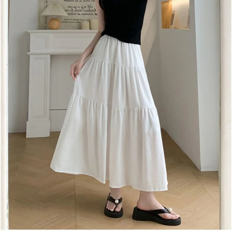 Elegant Solid A-LIne Cake Long Skirts Fashion Women Vintage High Waist Elastic Spring Dresses Office Lady Commute Chic Skirt