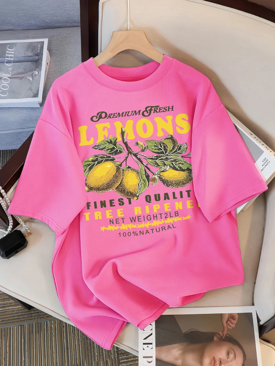 Lemons Fruits Premium Fresh Printing T Shirt Woman Loose Cotton Sportswear O-Neck Casual T Shirts Loose All-Match Short Sleeve