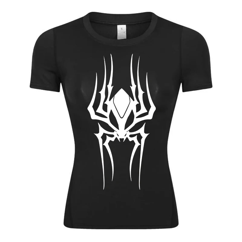 Spider Print Short Sleeve Compression Shirt for Women Athletic Running Workout Yoga T-Shirt Tees Baselayer Tops Gym Sports Gear