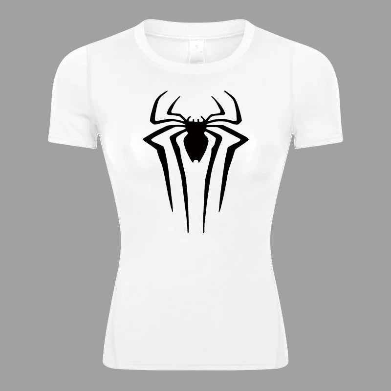 Spider Print Short Sleeve Compression Shirt for Women Athletic Running Workout Yoga T-Shirt Tees Baselayer Tops Gym Sports Gear