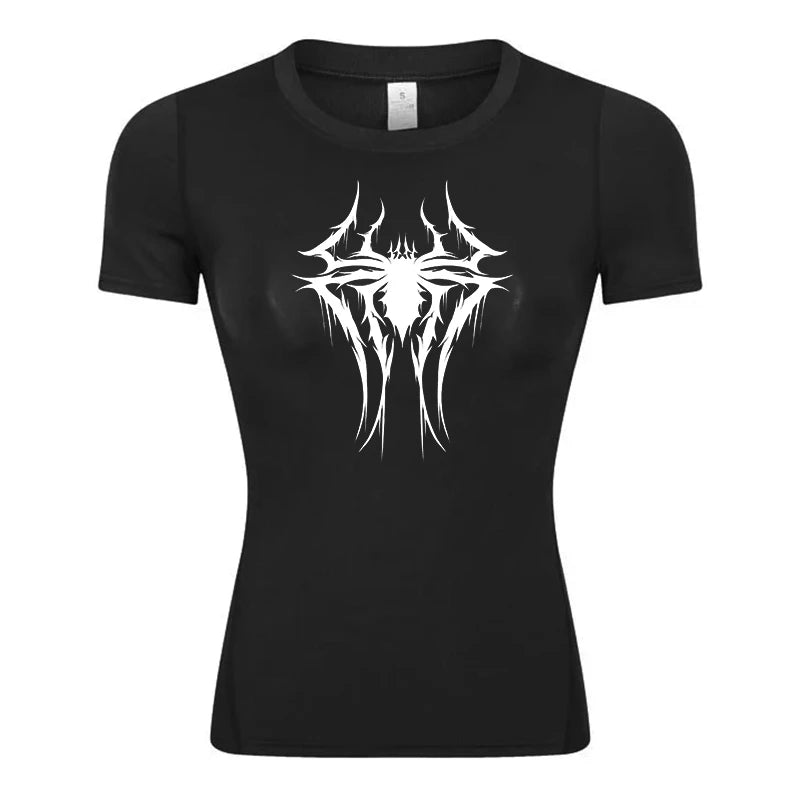 Spider Print Short Sleeve Compression Shirt for Women Athletic Running Workout Yoga T-Shirt Tees Baselayer Tops Gym Sports Gear