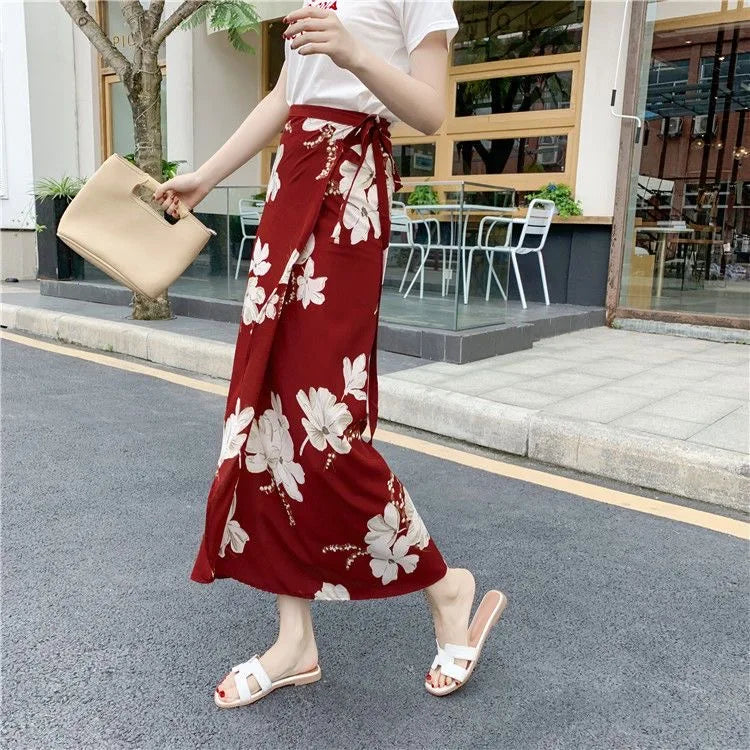 Fashion Chiffon Women Floral Print Skirt Side Tie One Piece Beach Skirts Summer High Waist Wrap Flower Long Skirt With Slit 2026
