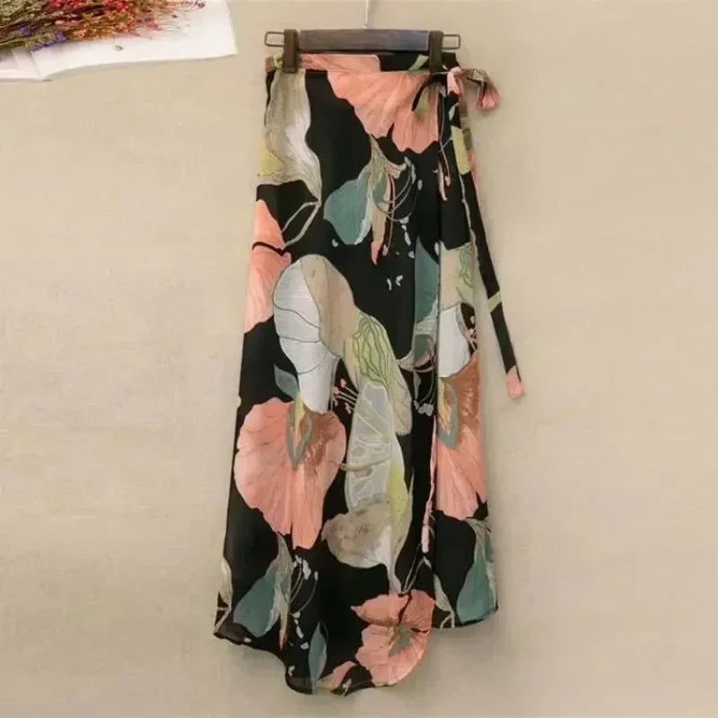 Fashion Chiffon Women Floral Print Skirt Side Tie One Piece Beach Skirts Summer High Waist Wrap Flower Long Skirt With Slit 2026