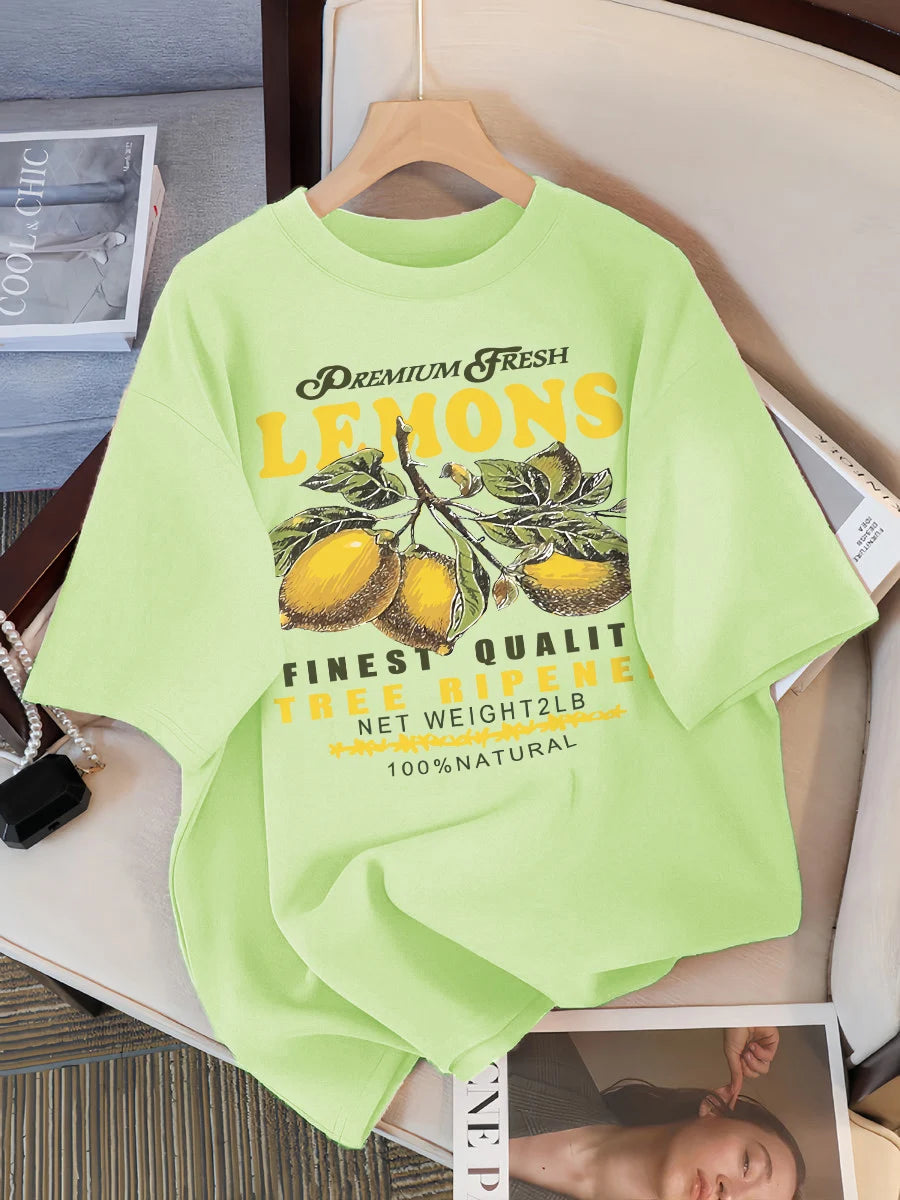 Lemons Fruits Premium Fresh Printing T Shirt Woman Loose Cotton Sportswear O-Neck Casual T Shirts Loose All-Match Short Sleeve