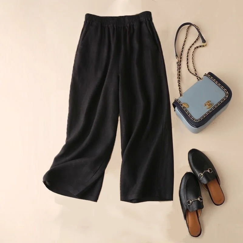 Cotton Linen Straight Leg Pants Women Summer Loose Versatile Large Size Linen Nine Points Casual Thin Ladies Trousers