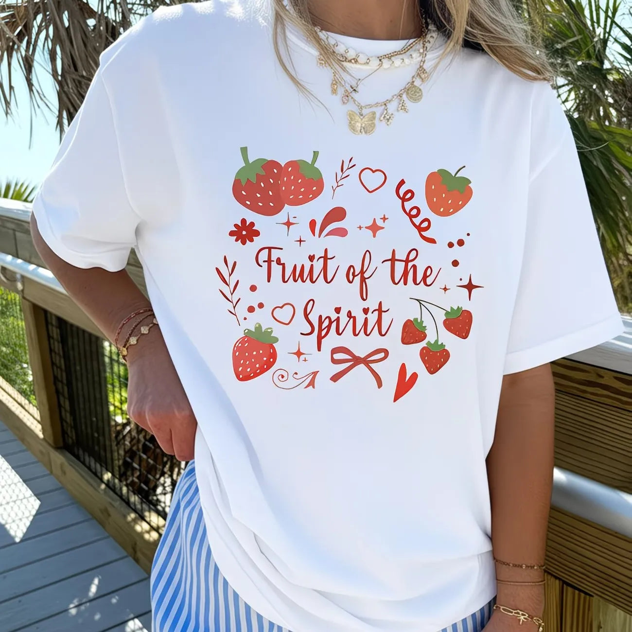 Fruit of the Spirit Christian T Shirt Cute Strawberry Bow Graph...