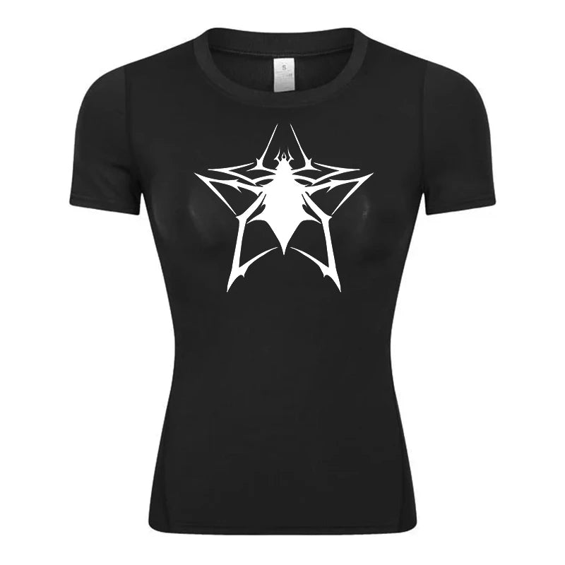 Spider Print Short Sleeve Compression Shirt for Women Athletic Running Workout Yoga T-Shirt Tees Baselayer Tops Gym Sports Gear