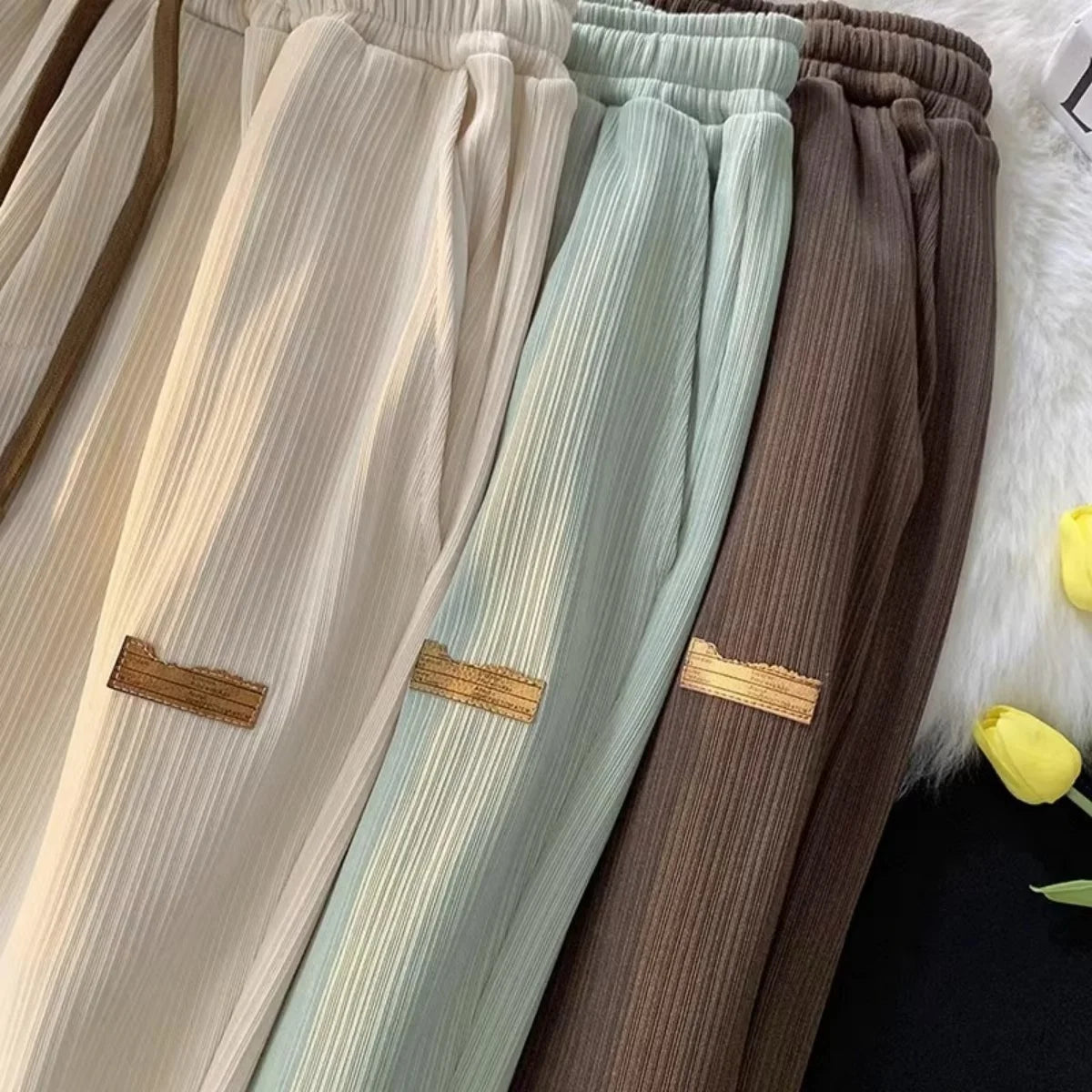 Women's Straight Pants Pleated Elastic Waist Drawstring Pocket Retro High Waisted sports Clothes Ladies' Loose Commuting Trouser