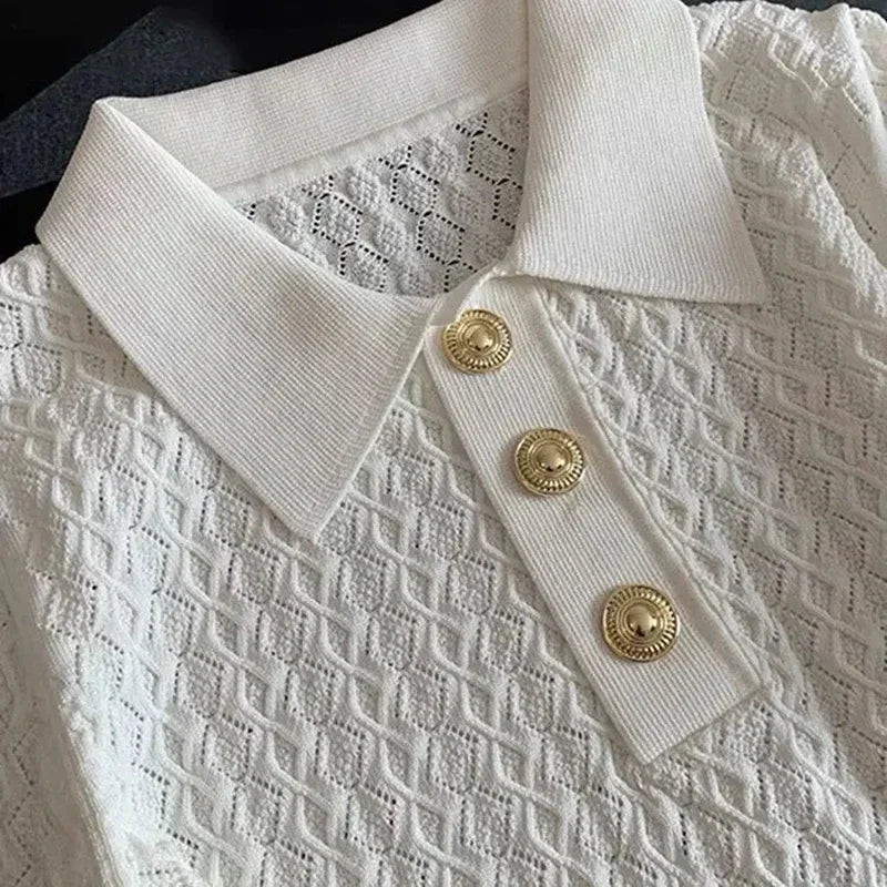 FANAN Ice Silk Polo Shirt Knitted Short Sleeve T-Shirts Lady New Chic Thin Unique Jacquard Women Tops 2025 Korean Style Clothing