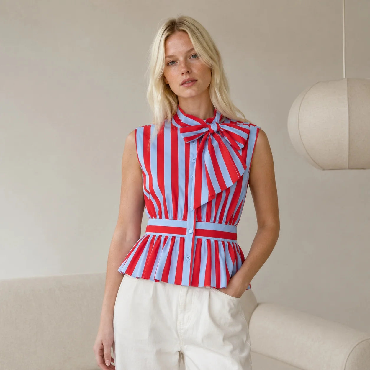 Striped Bow Blouse Women Sleeveless Peplum Tops Elegant High Neck Ruffle Shirt Vintage Chic Slim Waist Summer Blusas