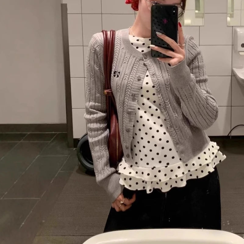 Korean Style New Ruffle Trim Long Sleeve T-Shirt For Women Polka Dot Thin Interior Top Sweet Shirts Women Clothes милый топ