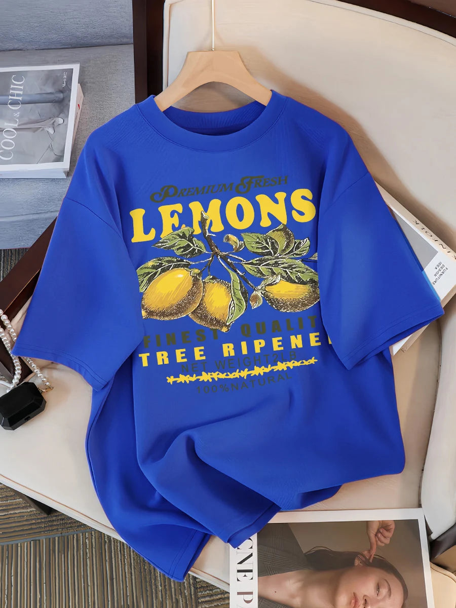 Lemons Fruits Premium Fresh Printing T Shirt Woman Loose Cotton Sportswear O-Neck Casual T Shirts Loose All-Match Short Sleeve