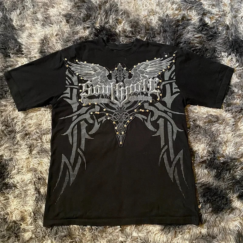 Classic Y2K Gothic Style T-shirt Print Oversized T Shirt High Street Shirts Gothic Round Neck Cotton Tops New Mens Women T Shirt