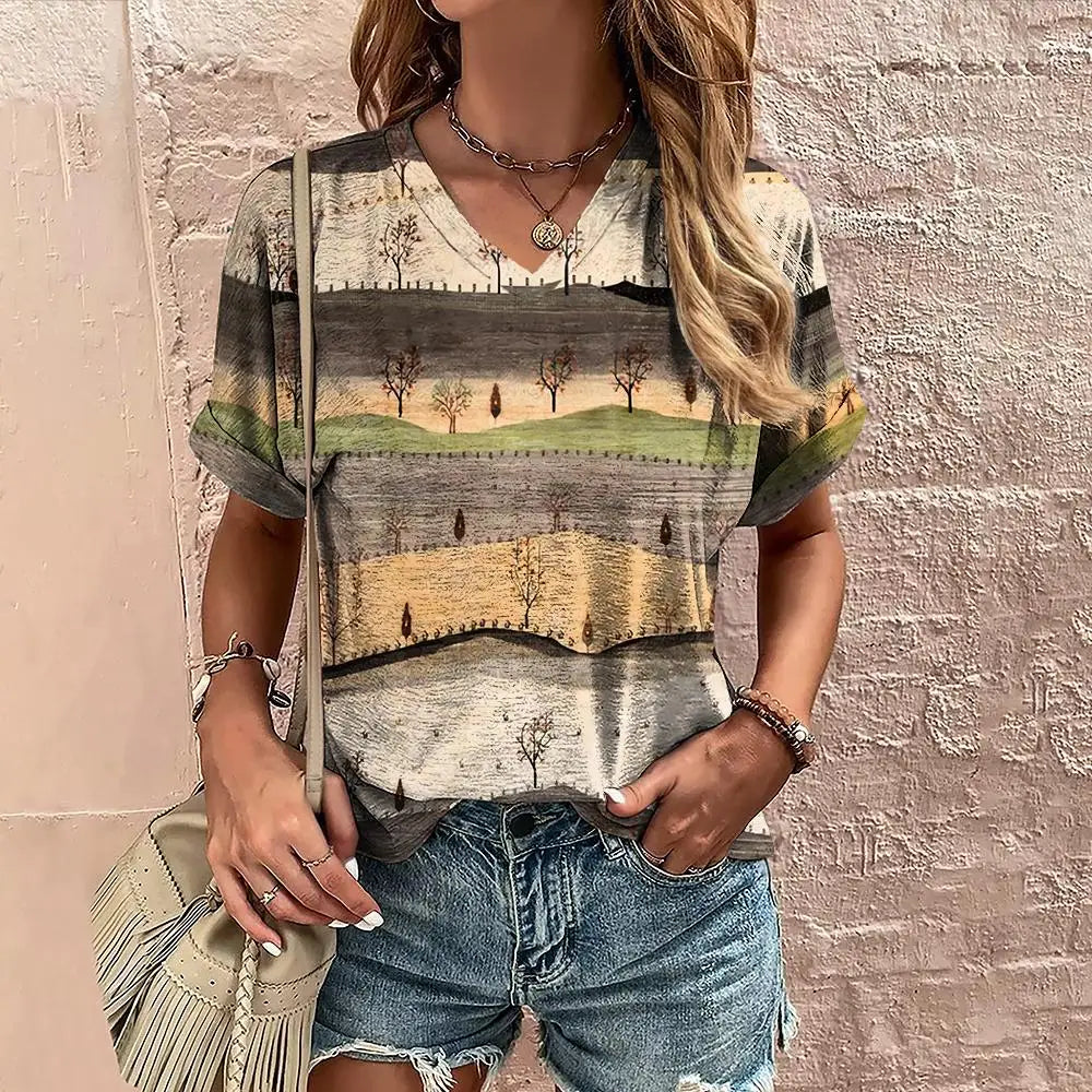 3D Vintage Graphic Women's V-Neck T-Shirt Summer Outdoor Street Daily Harajuku Style Y2K Short Sleeve Tees Fashion Loose Clothes