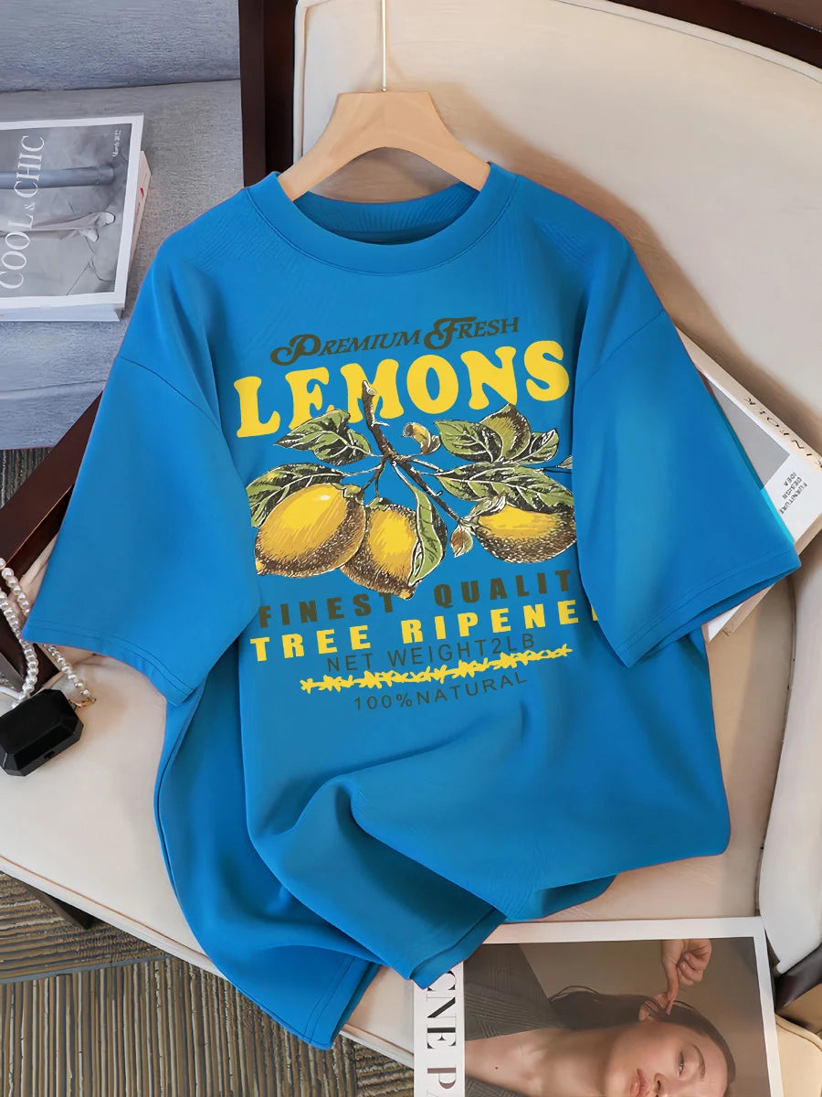 Lemons Fruits Premium Fresh Printing T Shirt Woman Loose Cotton Sportswear O-Neck Casual T Shirts Loose All-Match Short Sleeve