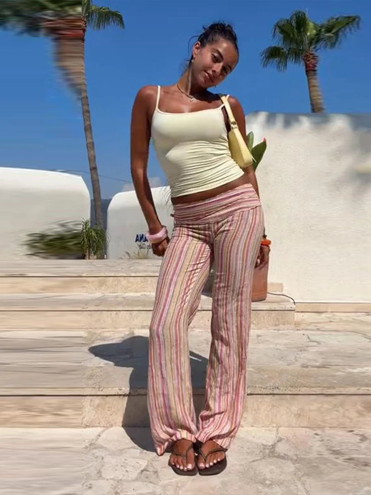 Multicolor Pastel Striped Side Tie  Low Waist Pants Flared Full Length Y2K Colorful Trousers 2026 Spring Casual Fashion Outfit