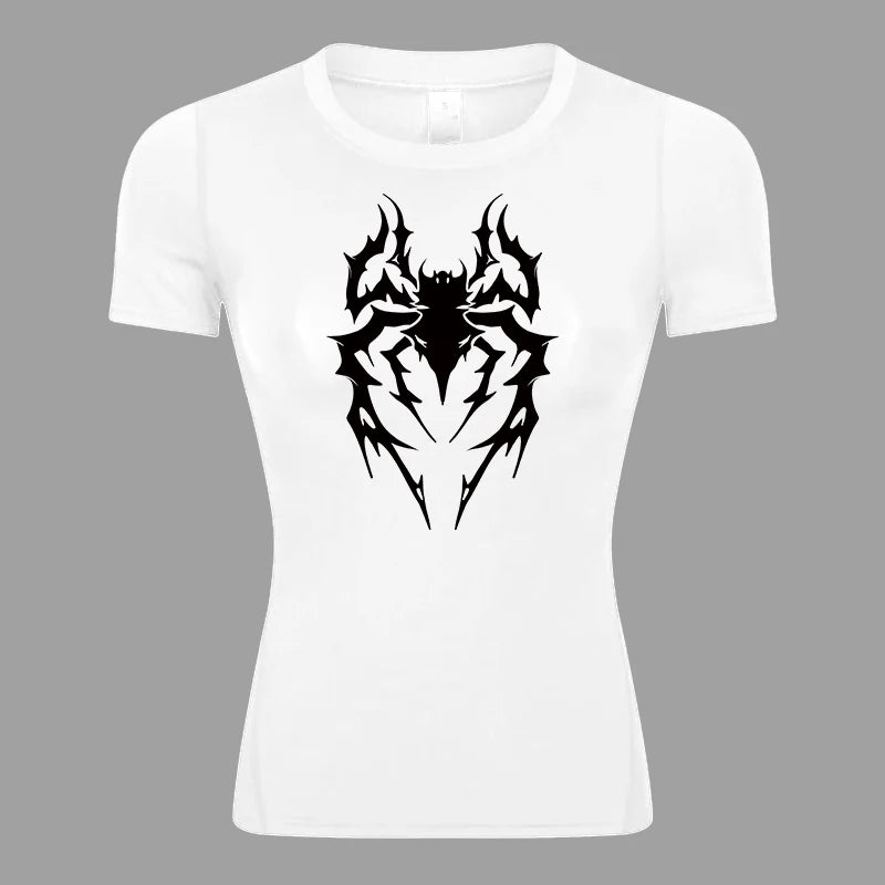 Spider Print Short Sleeve Compression Shirt for Women Athletic Running Workout Yoga T-Shirt Tees Baselayer Tops Gym Sports Gear