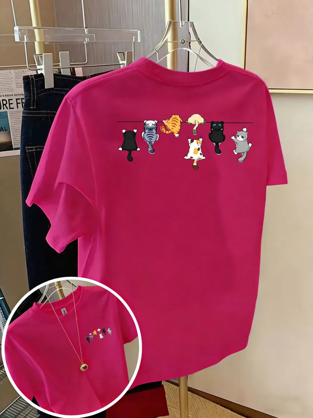 Cartoons Cats Prints T-Shirts Summer Womens Cotton T Shirts Basic O-Neck Oversized Short Sleeve Tops Casual Street Woman Clothes