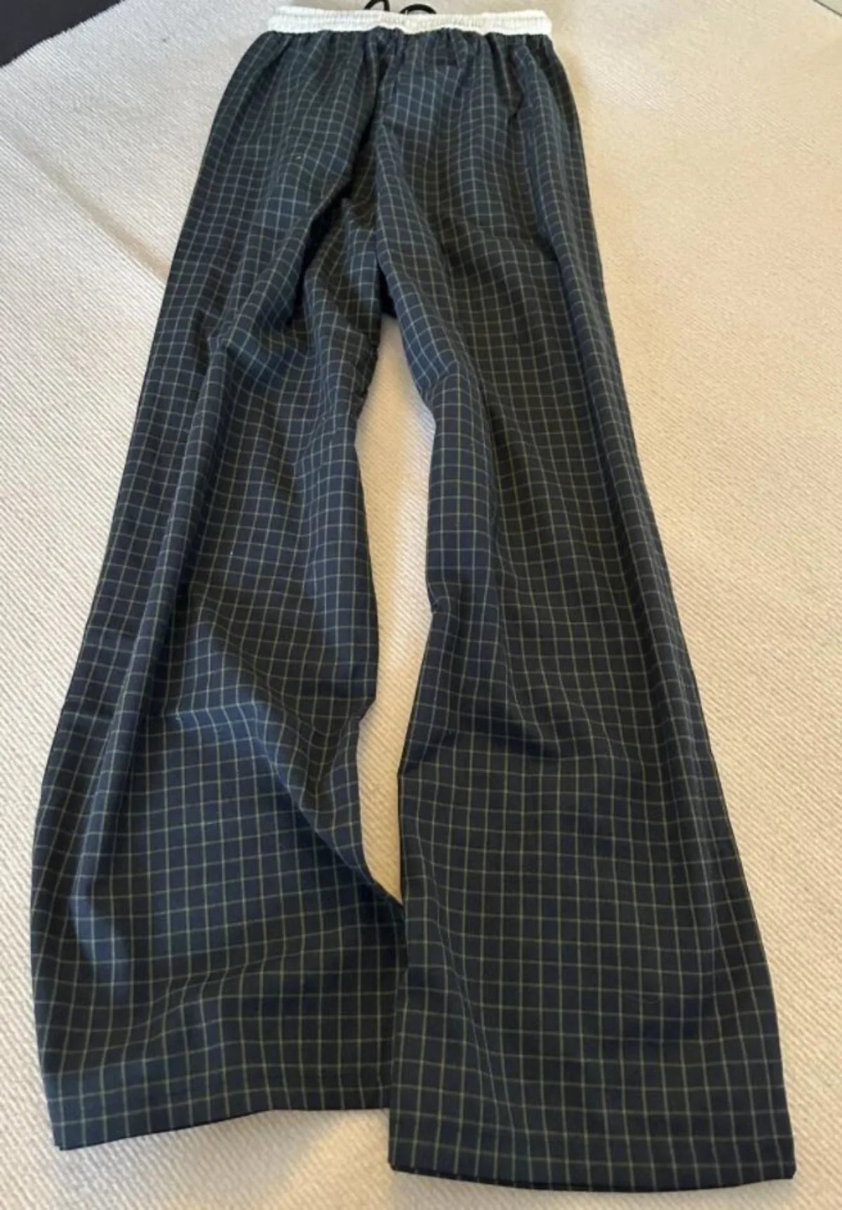 Summer Black Checkered Loose Wide Leg Summer Casual and Stylish Pants for Women Elastic Waistband Drawstring Straight Leg Pants