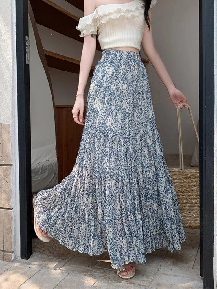 Chiffon Floral Long Skirt Women Elegant Sweet High Waist Fashion Skirts Summer Loose Casual Female Soft Pleated Chic Skirt New