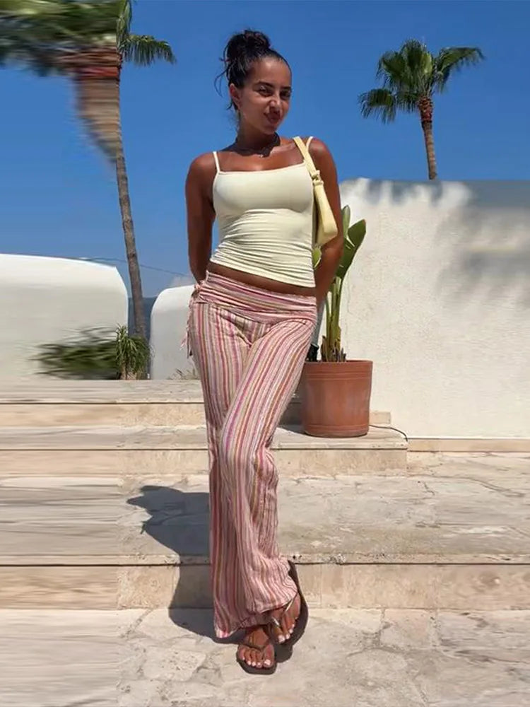 Multicolor Pastel Striped Side Tie  Low Waist Pants Flared Full Length Y2K Colorful Trousers 2026 Spring Casual Fashion Outfit