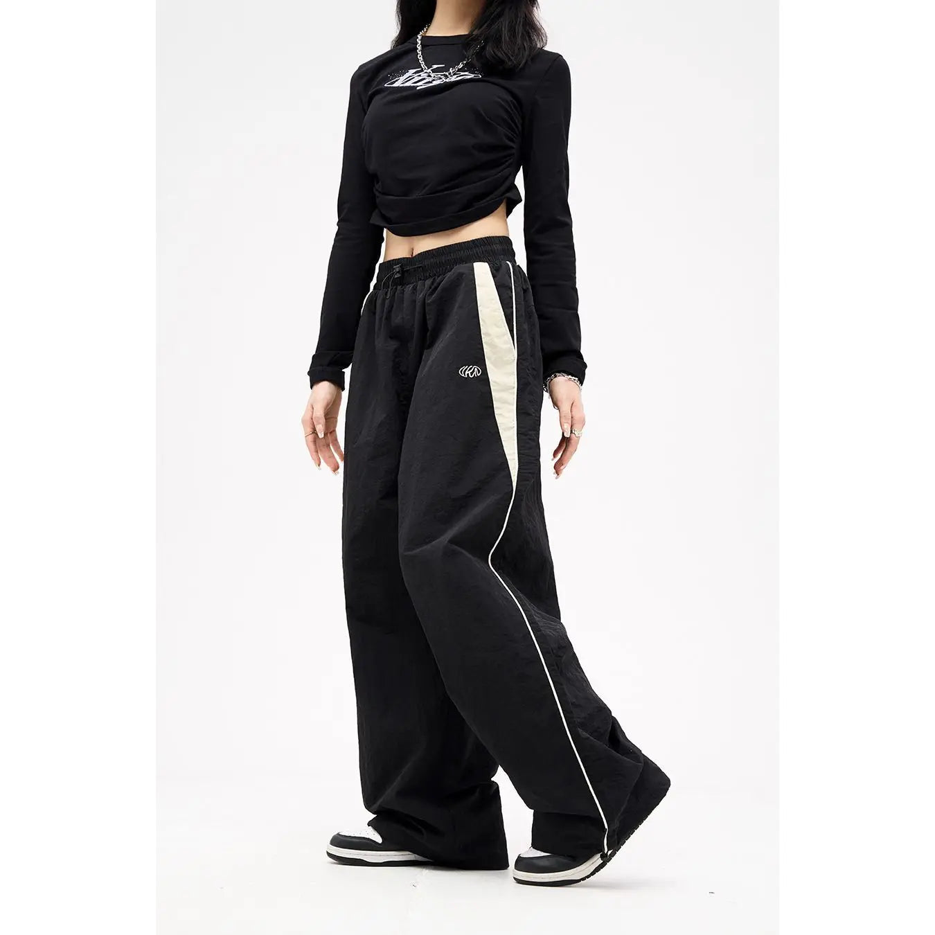 Retro Side Stripe Bowknot Wide Leg Pants Women High Waist Casual Sports Trousers Harajuku Cargo Pants Streetwear Hip Hop Joggers